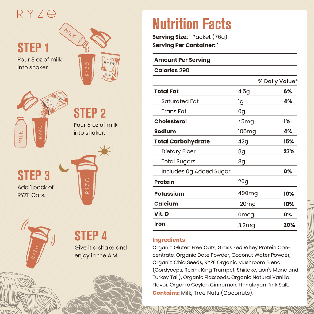 RYZE Mushroom Overnight Oats Pack (14 Servings)